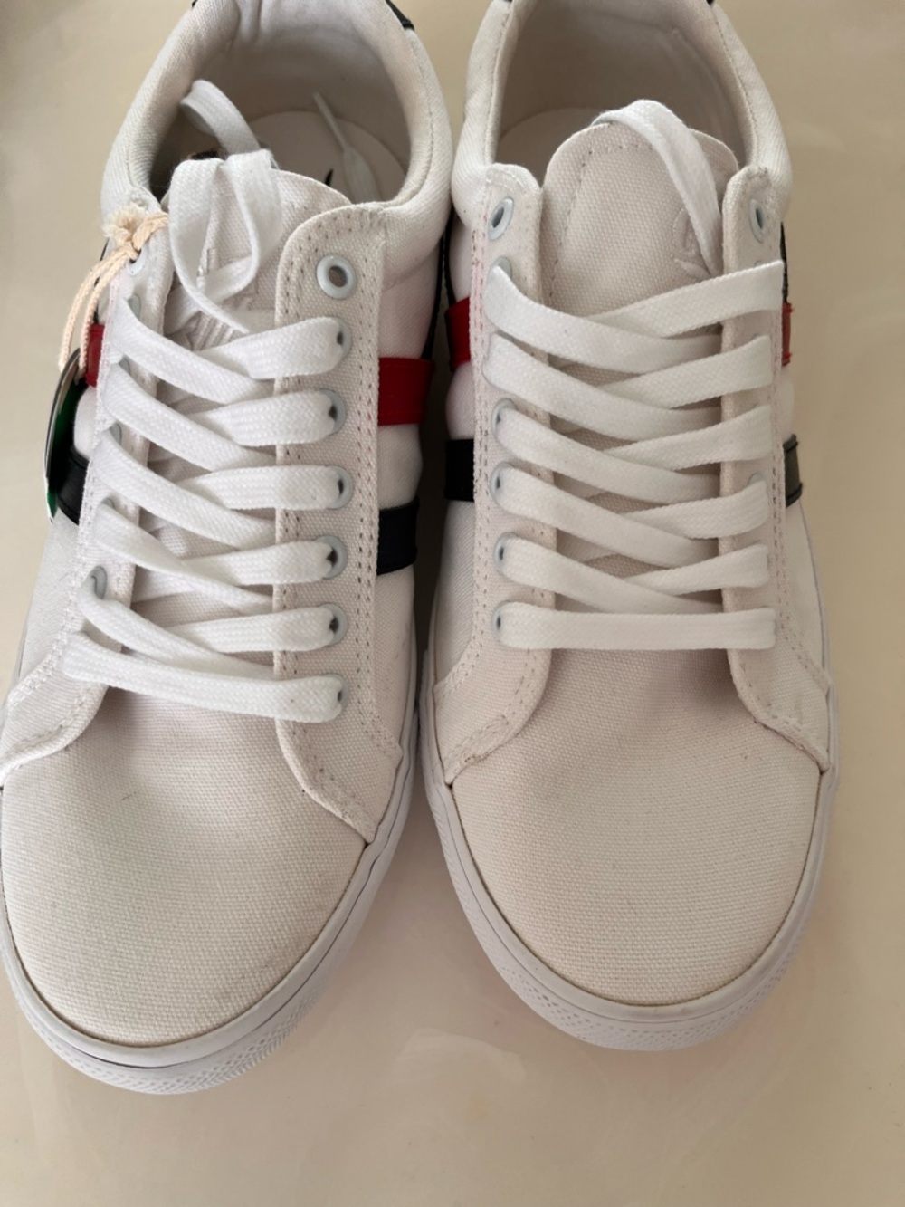 NWT Vegan White Canvas Sneakers with faux leather Red and black Side Stripes